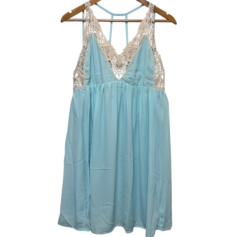 Paper Crane Women Mini Dress M Blue Crochet Lace Strappy Back Boho Romantic